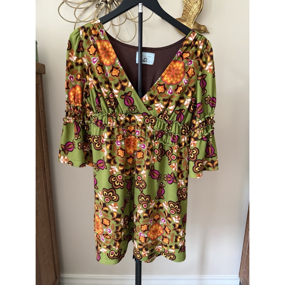 Judith March Green Floral A-Line Dress Women L 3/4 Flared Sleeve Retro Short